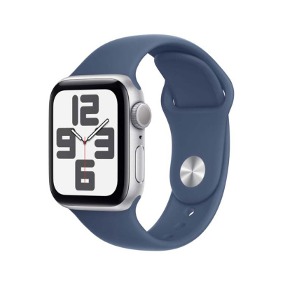 Apple Watch SE (2024), 40 мм корпус из алюминия цвета «Silver», ремешок Sport Band размера S/M цвета «Denim»