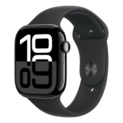 Apple Watch Series 10, 46 мм корпус из алюминия цвета «Jet Black», ремешок Sport Band размера S/M цвета «Black» Apple Watch Series 10, 46 мм корпус из алюминия цвета «Jet Black», ремешок Sport Band размера S/M цвета «Black»