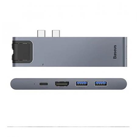 Переходник Baseus для MacBook HUB TB3 C+ (Dual Type-C to USB3.0/HDMI/Type-C/SD/Micro/LAN) (CAHUB-L0G) Deep Grey, тёмно-серый