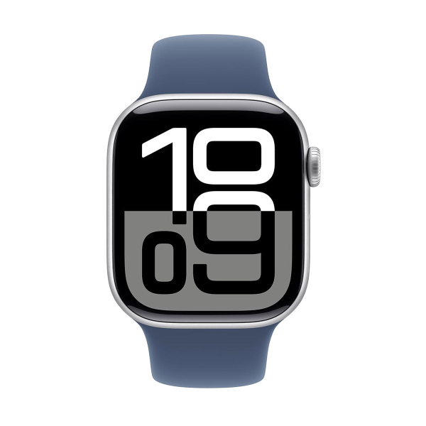Apple Watch Series 10, 46 мм корпус из алюминия цвета «Silver», ремешок Sport Band размера S/M цвета «Denim»